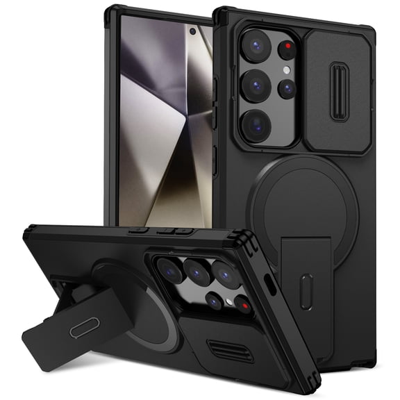 Sanwo for Samsung Galaxy S24 Ultra Magnetic Case with Slide Lens Cover and Hidden Kicktand, PC TPU Shockproof, Wireless Charging Compatible,Black