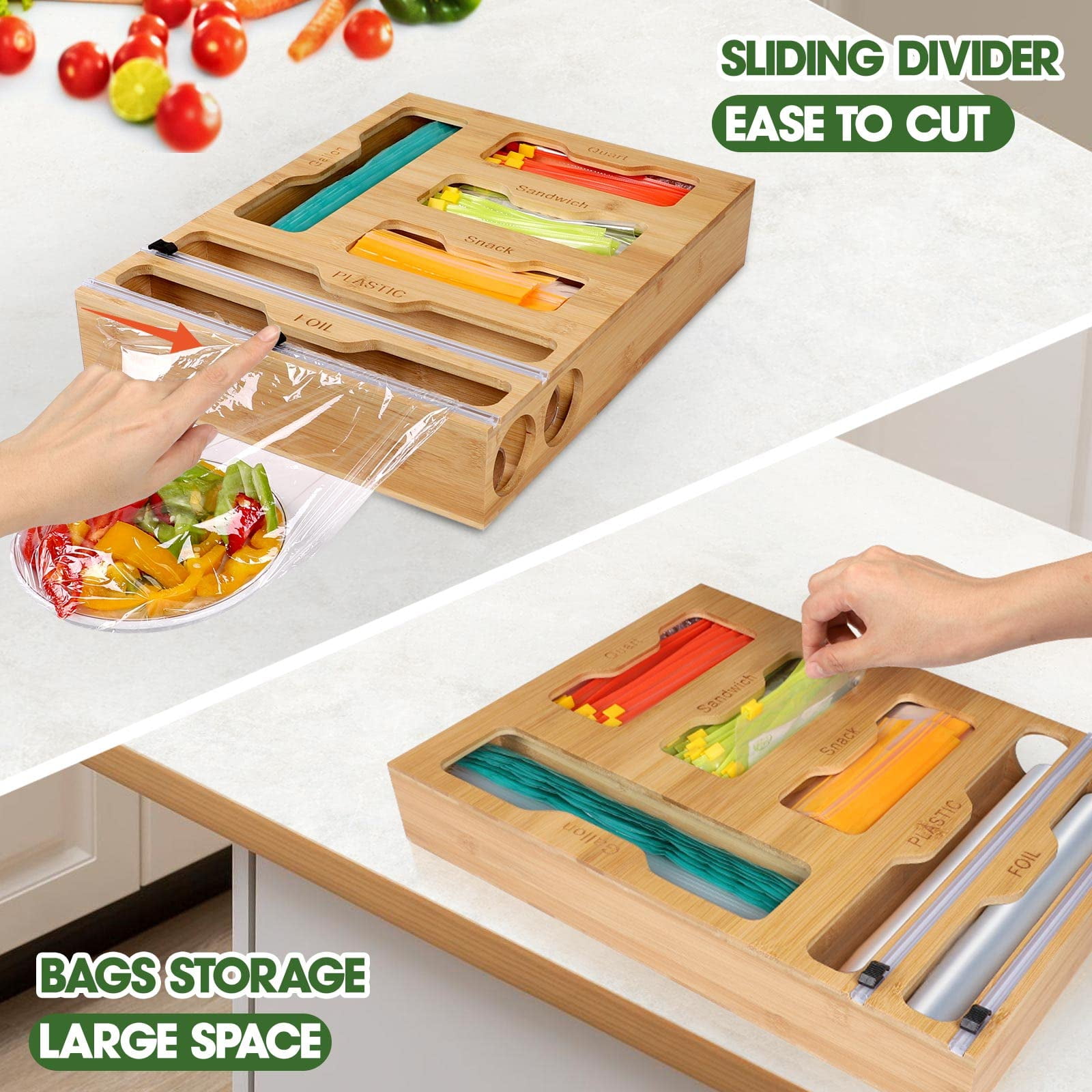 AGILILY 9 IN 1 Bamboo Storage Bag Organizer - Plastic Wrap Dispenser with  Cutter - Kitchen Organizers and Storage for Ziplock Bags, Gallon, Quart
