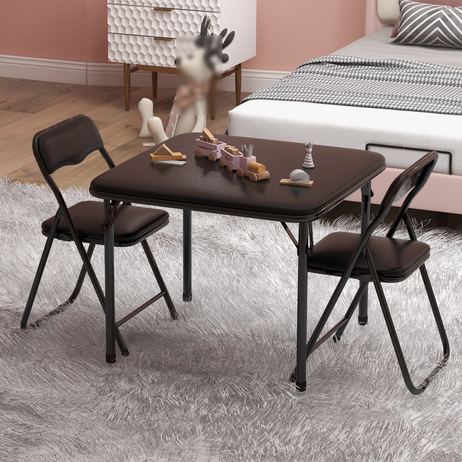 Kids Folding Table and Chairs Set, 3 Piece Table Set with 2 Folding Chairs for Daycare and Classrooms, PU Leather, Steel Frame, Includes Table and 2 Chairs, Perfect for Arts & Crafts
