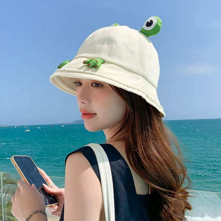CoCopeaunts Funny Frog Fishing Hunting Cap Bucket Hat Kebab Cotton Fisherman  Men Women Outdoor Sunscreen Hats Caps (White,55-59cm) 
