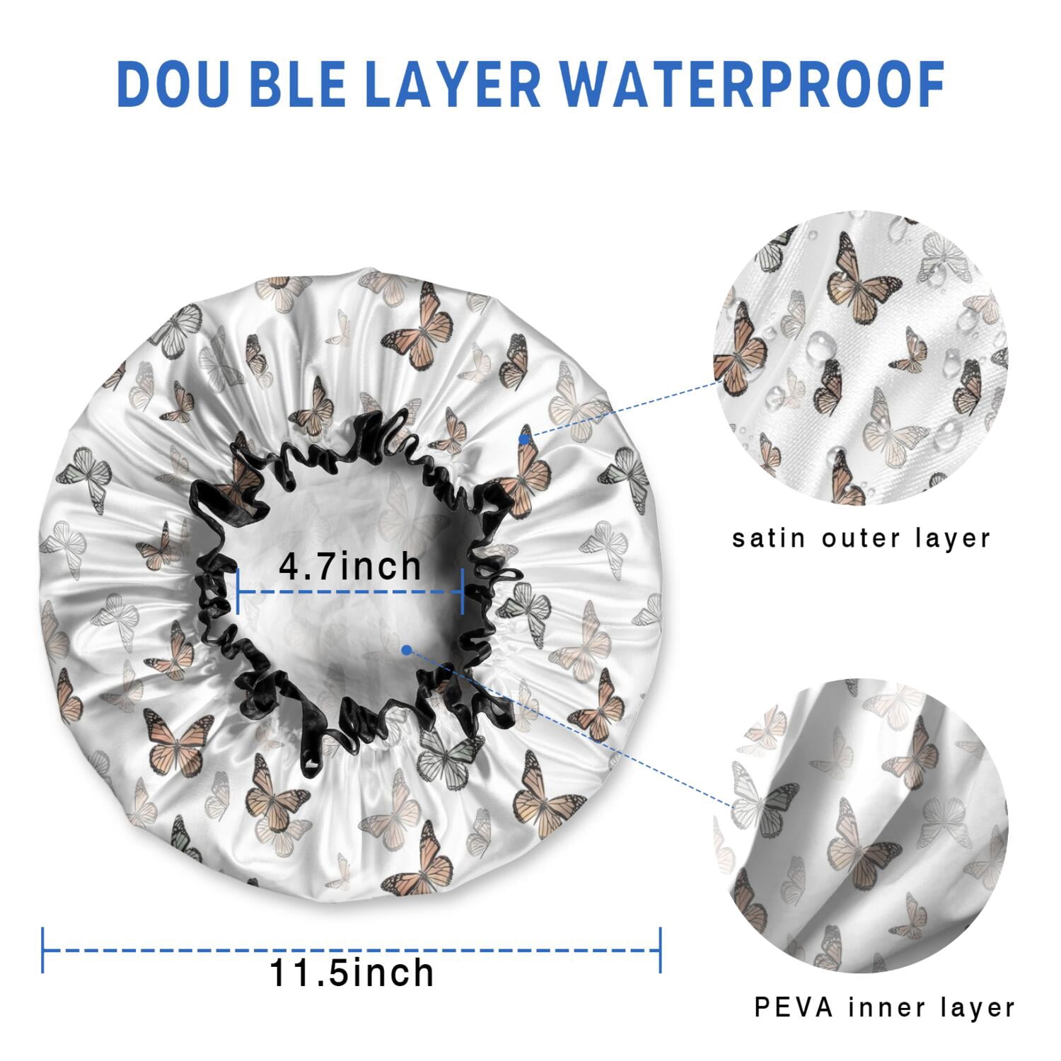 Shower Caps,White Butterfly Pattern Waterproof Shower Cap for Women 4 Pieces,Double Reusable Hair Cover for Shower PEVA Elastic Stretch Hem