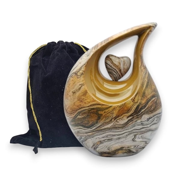 Cremation Urn for Human Ashes 200 Cu In – Marble Gold Teardrop Memorial Urns Adult Funeral Urn Aluminum Burial Urns with Velvet Bag Stone Heart
