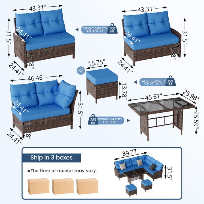 ELPOSUN 7-Piece Outdoor Patio Furniture Set - Sectional Sofa, Dining Table & Chairs Included, All-Weather Conversation Set with Ottoman, Brown Rattan,Navy