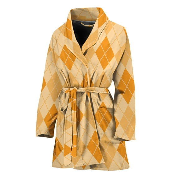 Orange Argyle Pattern Women Bathrobe One Size Univeral Fits, Checkered Caro Plaid Tartan Fashion Lightweight Plush Fleece Long Robe For Women