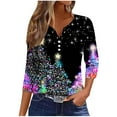 thumbnail image 2 of SYMOID Womens Purple Christmas Top, 3/4 Sleeve Notched V-Neck with Christmas Tree Star Print, Stretch Relaxed Fit Festive Holiday Blouse,Size XL, 2 of 5