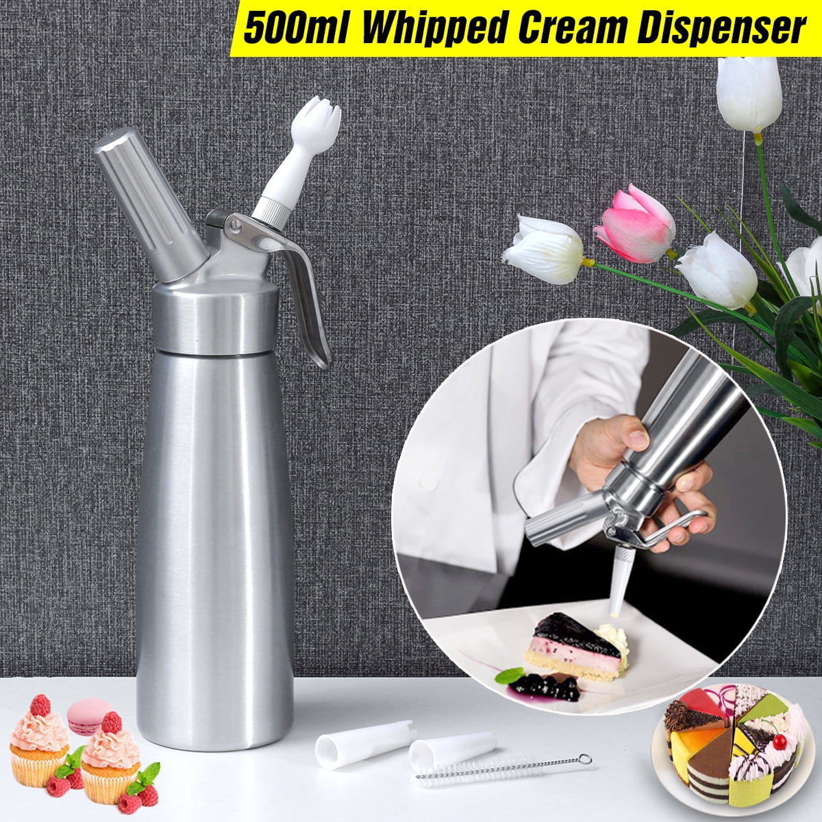 500ml Whipped Cream Whipper Dispenser Attachments Included 3 Decorating Nozzles Baking & Pastry