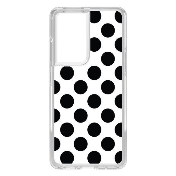 DistinctInk Clear Shockproof Hybrid Case for Galaxy S21 ULTRA 5G (6.8" Screen) - TPU Bumper, Acrylic Back, Tempered Glass Screen Protector - Black & White Polka Dots