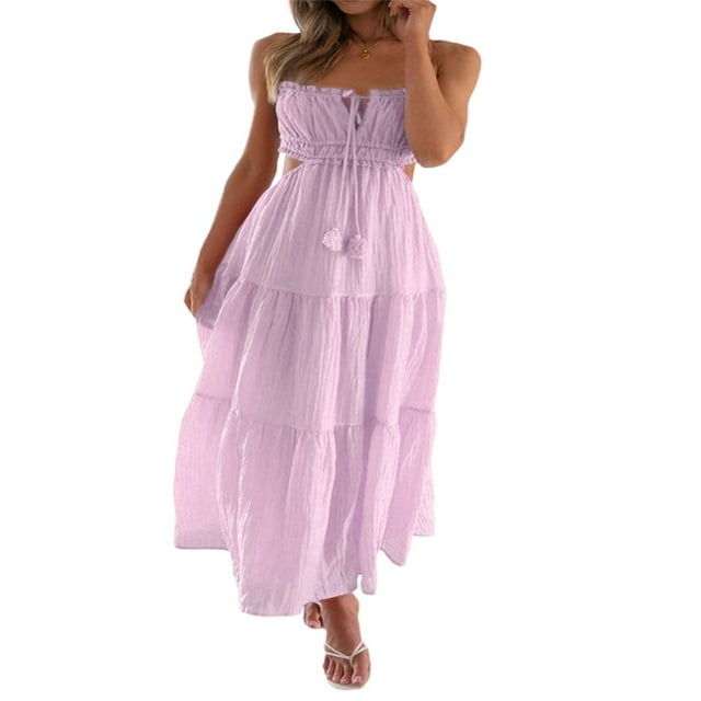Robe Sans Manches à Bretelles Spaghetti pour Femmes Robe Longue à Volants