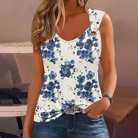 HOMBOM White Tunic Tops for Women Tank Tops Sleeveless Floral V-neck Camisole Metal Tops S