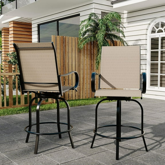 Danolapsi 2 PCS Outdoor Swivel Bar Stools Set, All Weather High Back and Armrest Patio Chairs for Deck, Patio High Swivel Bar Stools