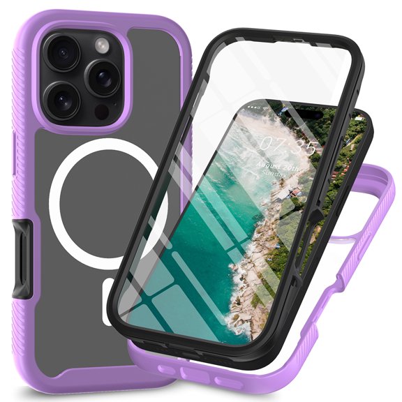 Magnetic for iPhone 16 Pro Max Case, [Compatible with MagSafe] [Built-in Screen Protector] Dustproof Full Body Shockproof Transparent Phone Case Cover for iPhone 16 Pro Max - Purple