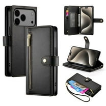 For iPhone 17 Pro Max 6.9-inch Wallet Case for Women Men Multi-Card Slots Zipper Pocket Lanyard Strap Wristlet Leather Phone Case,Black,For iPhone 17 Pro Max