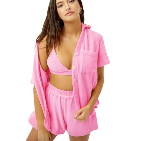 

Womens Short Sleeve Sleepwear Set Loose Solid Color Button Down Nightwear Suit with Pocket