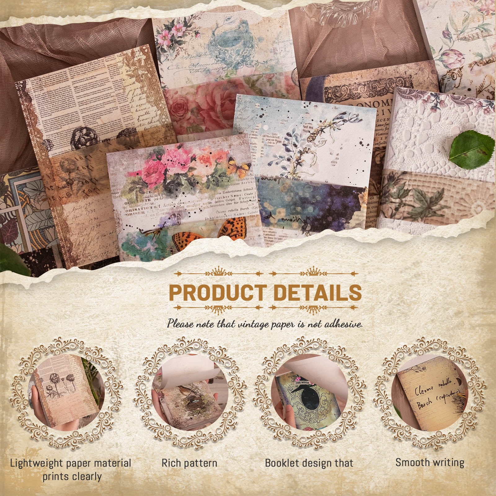 Sekonow 600 Sheets Scrapbook Paper, Vintage Scrapbooking Supplies for Journaling Junk Journal Craft Decoupage Paper, Wall Collage Kit Cottagecore Aesthetic Room Decor Vintage Decor, Style B