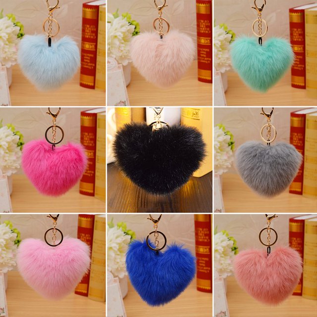 MesaSe 10cm Cute Faux Fur Ball Pompom Heart Shape Car Phone Keychain Handbag Key Ring