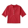 thumbnail image 1 of Linen Shirts Girl 3/4 Sleeve V Neck Blouses Buttons Loose Fit T Shirts Solid Color Summer Holiday Tops Clothes, 1 of 7