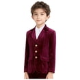 thumbnail image 2 of Raenseen Boys' Velvet Blazer With Notched Lapel Suit Jacket Blazer Coat Dinner Jacket 3 Buttons Slim Burgundy 4, 2 of 7