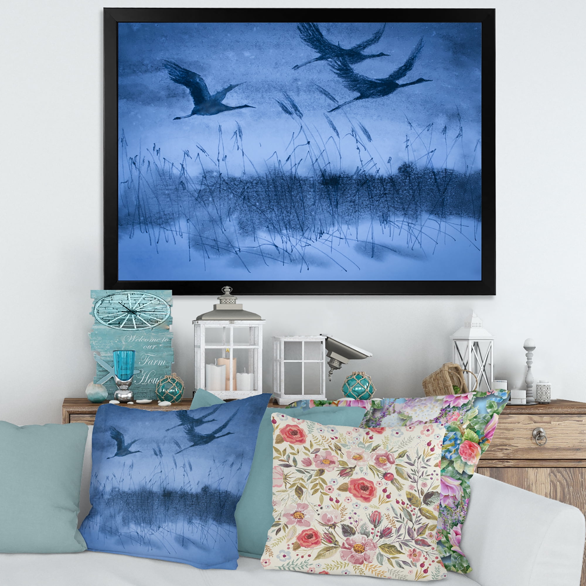 Cranes In Flight During Blue Evening Light 32 in x 16 in Framed Painting Canvas Art Print, by Designart