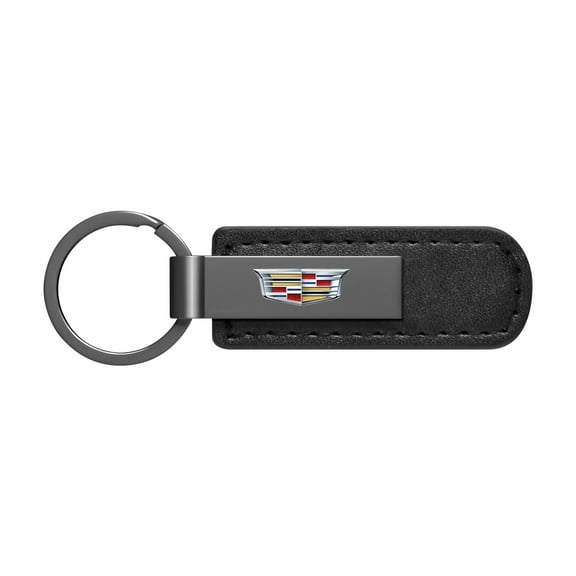 iPick Image for Cadillac Crest Logo Black Chrome Metal Plate Black PU Leather Key Chain, Official Licensed