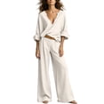 thumbnail image 2 of LEKWK Vacation Outfits for Women Elegant V Neck Long Sleeve Oversized Top and Wide Leg Pants Linen Matching Set Casual Travel Beach Loungewear, 2 of 6