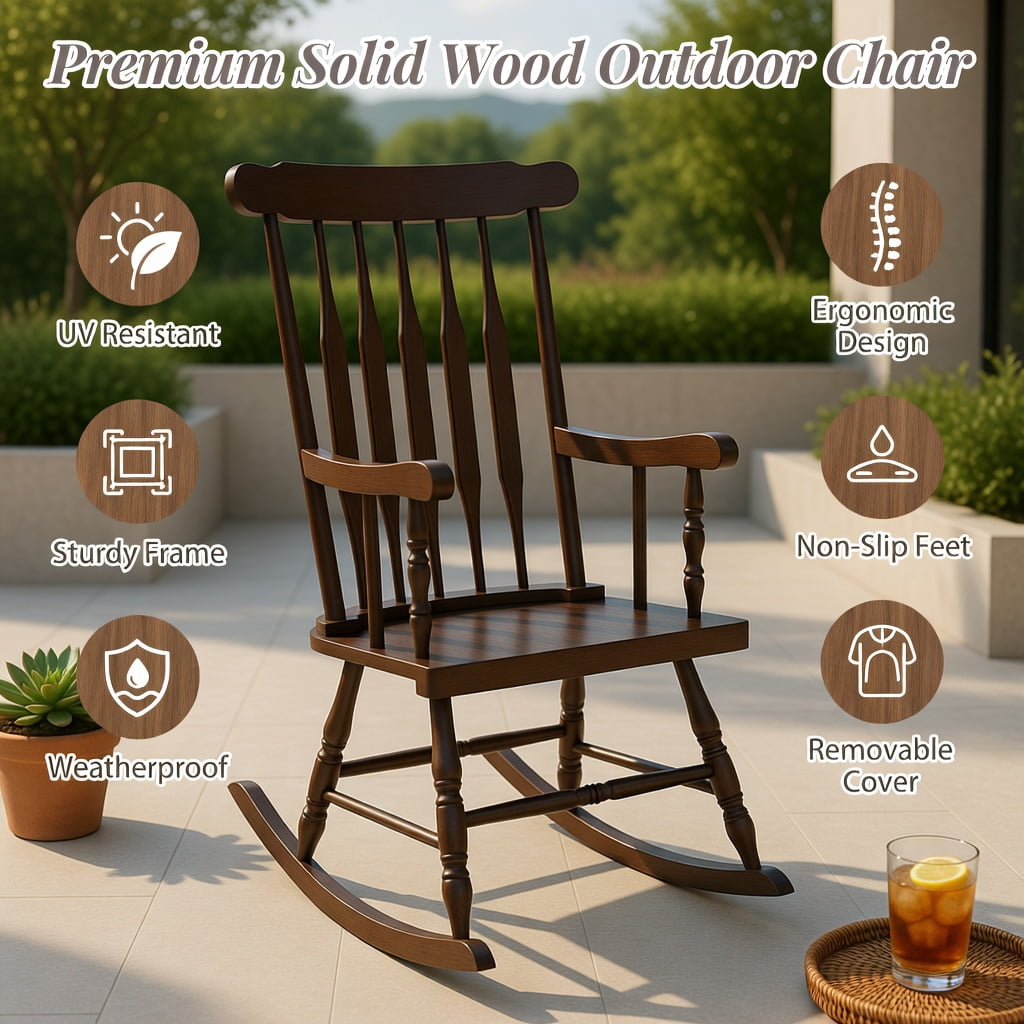Hommoo Solid Rubber Wood Rocking Chair for Patio, Garden & Indoor Use, Ergonomic Outdoor Rocker with High Back & Curved Armrests, Black
