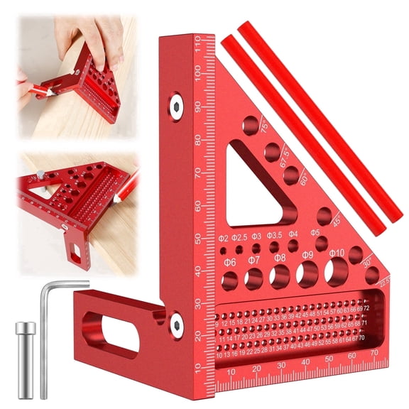 3D Carpenter Square Aluminum Woodworking Square 22.5-90 Degree Measuring Ruler with Angle Pin Versatile Multi Angle Square with 2 Woodworking Pen