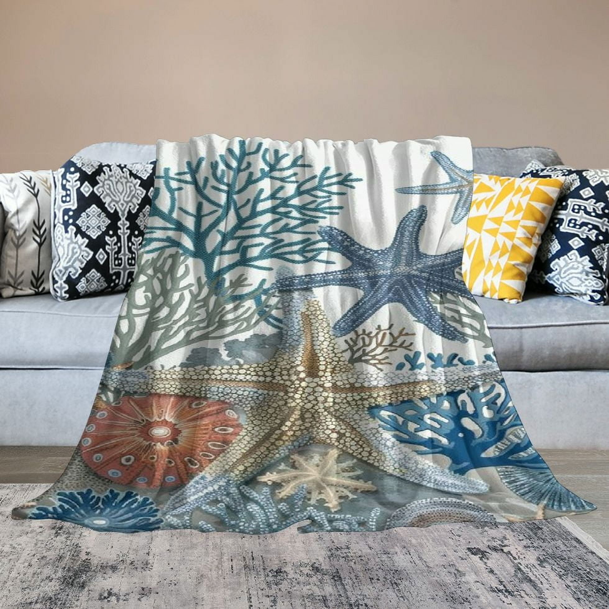 Patifu Nautical Coastal Blanket Starfish Seashell Coral Beach Themed Throw Blankets Gifts for Adults Sea Ocean Theme Lightweight Soft Fleece Cozy for Sofa Couch Bed Room Birthday Decor 50x60in White
