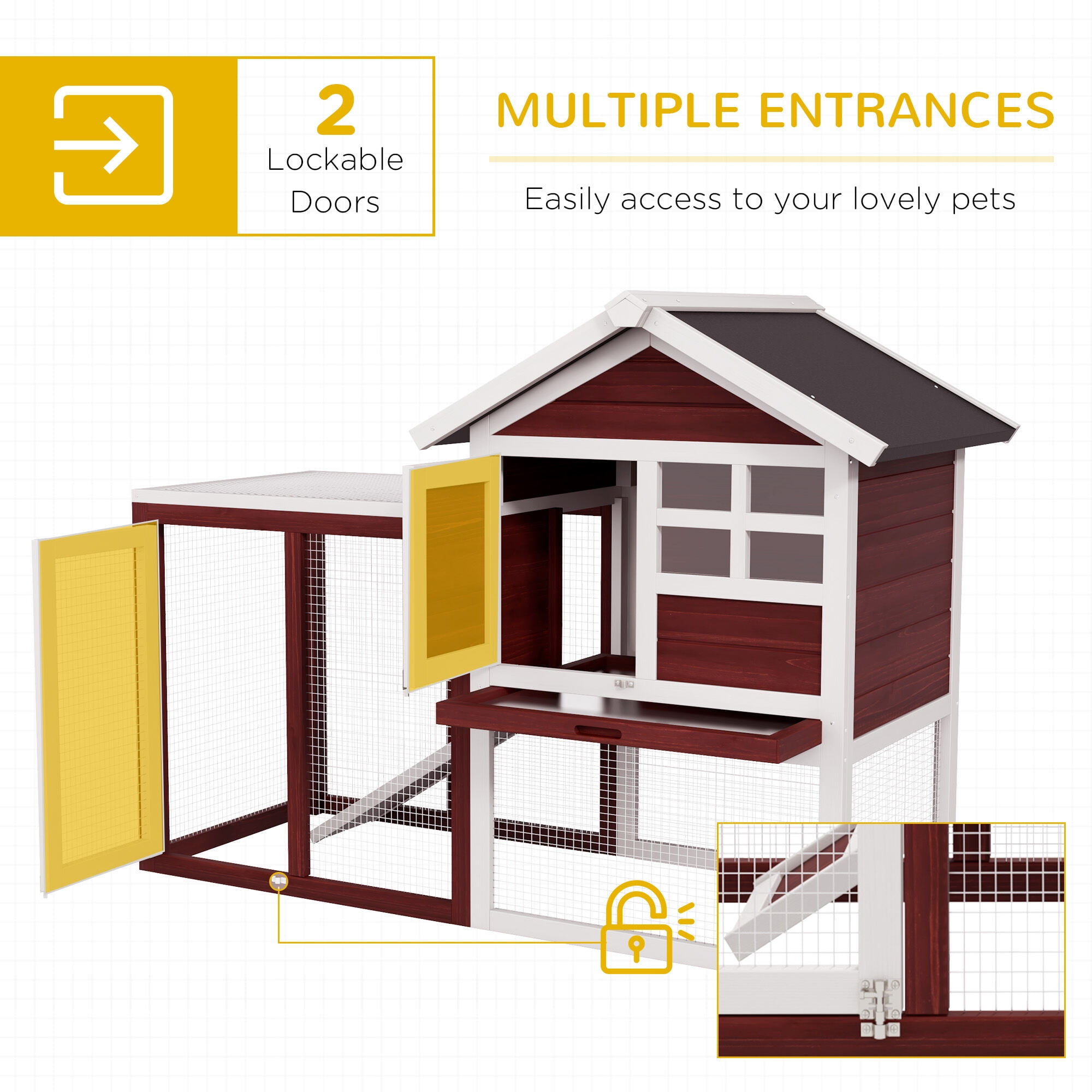 Dog Crate, PawHut 48" Wooden Rabbit Hutch Bunny Cage with Waterproof Asphalt Roof, Fun Outdoor Run, Removable Tray and Ramp, Brown, Brown+White Pet Playpen,Wood Chicken Coop