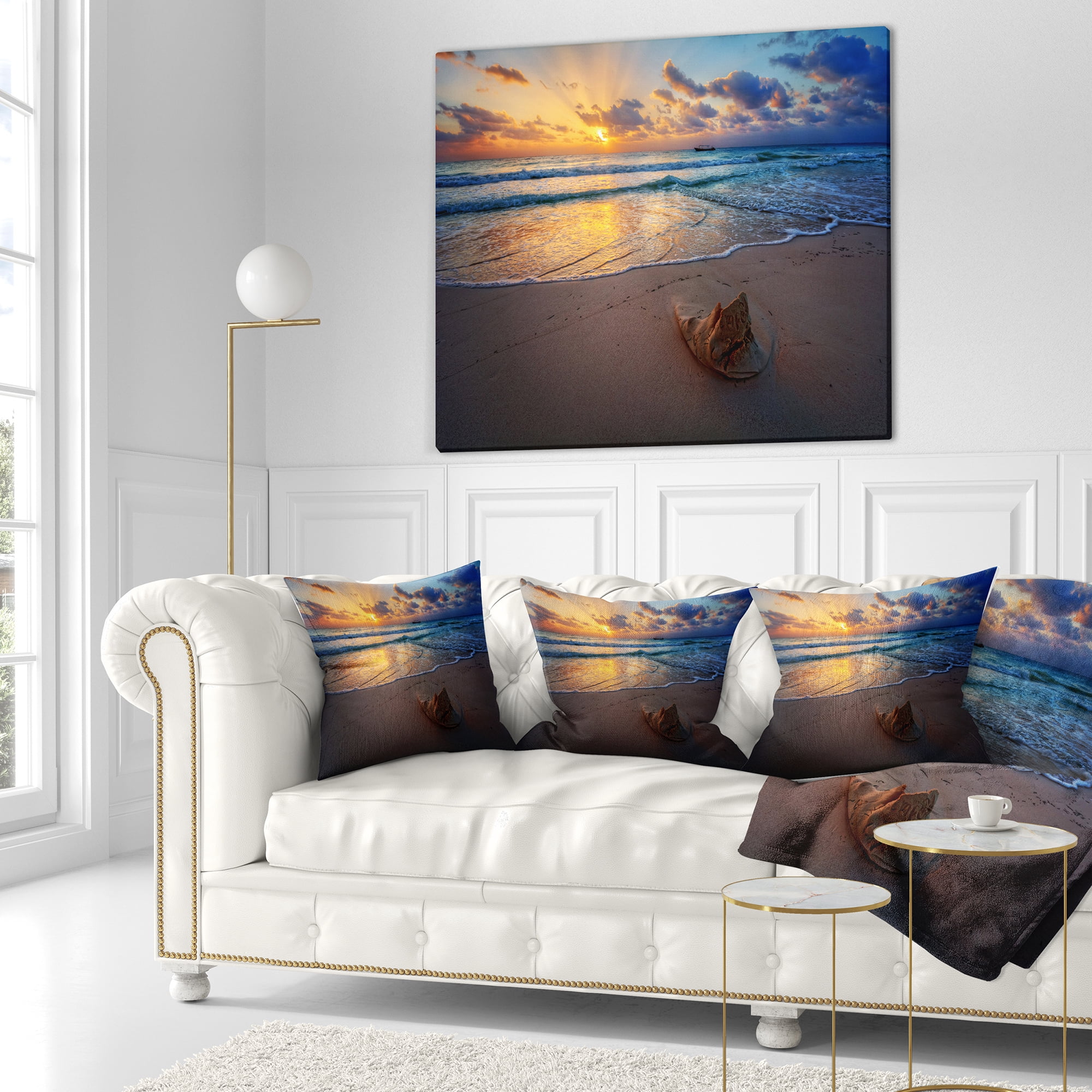 Designart Quiet Seashore during Sunset - Seashore Throw Pillow - 16x16