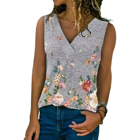 Women Vest Casual Tank Comfy Tops Loose Cami V-Neck Floral Sleeveless ...