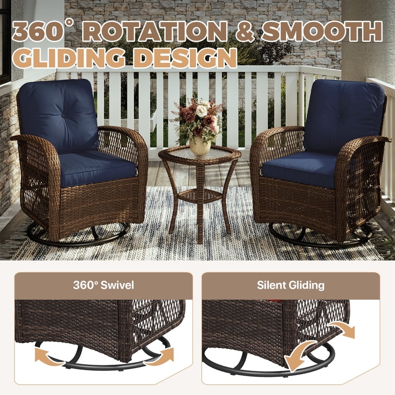 BaPiPro Navy Blue Swivel Rocker Wicker Conversation Set, 3-Piece photo 7