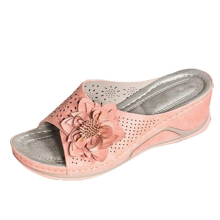 

asdoklhq Womens Shoes Clearance Under $20 Comfy Shoe Open Toe Flat Hollow Flower Wedge Heel Slippers Sandals