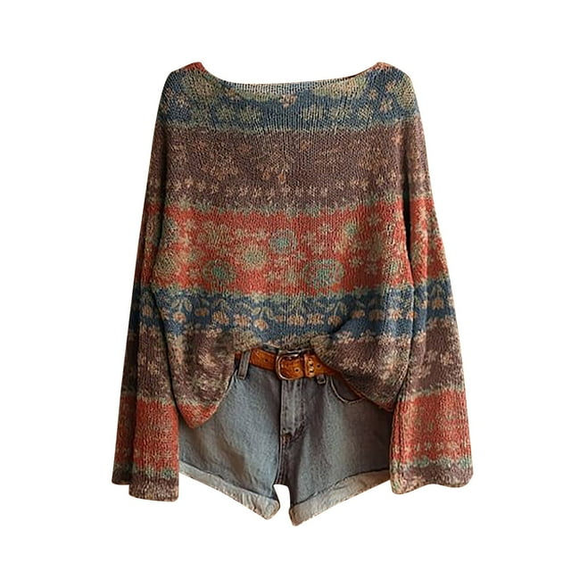 Chandail pour Femmes Chandail Imprimé Artistique Décontracté Tricot Chandail pour Femmes Mode Manches Longues Col Rond Blouse Hiver Chaud Couche Haut, Chandail pour Femmes TTG