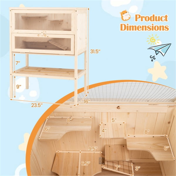 31.5 " Fir Wood Hamster Cage with Flip Mesh Roof, Multi-Level Activity Areas & Bottom Storage Shelf