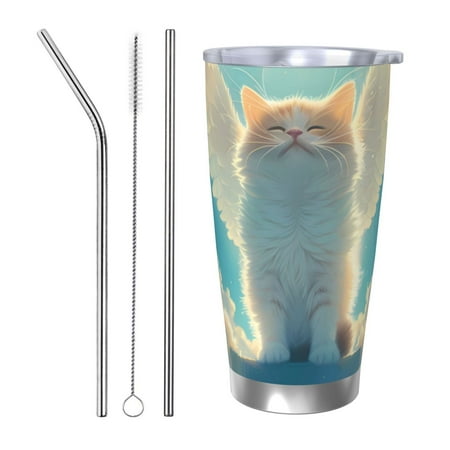 

Cauagu Sunshine Cute Winged Cat Pattern 20oz Tumbler Stainless Steel Vacuum Insulated Tumbler with Lid Insulated Coffee Mug Thermal Cup with Splash Proof Sliding Lid-Straw Three-piece Set