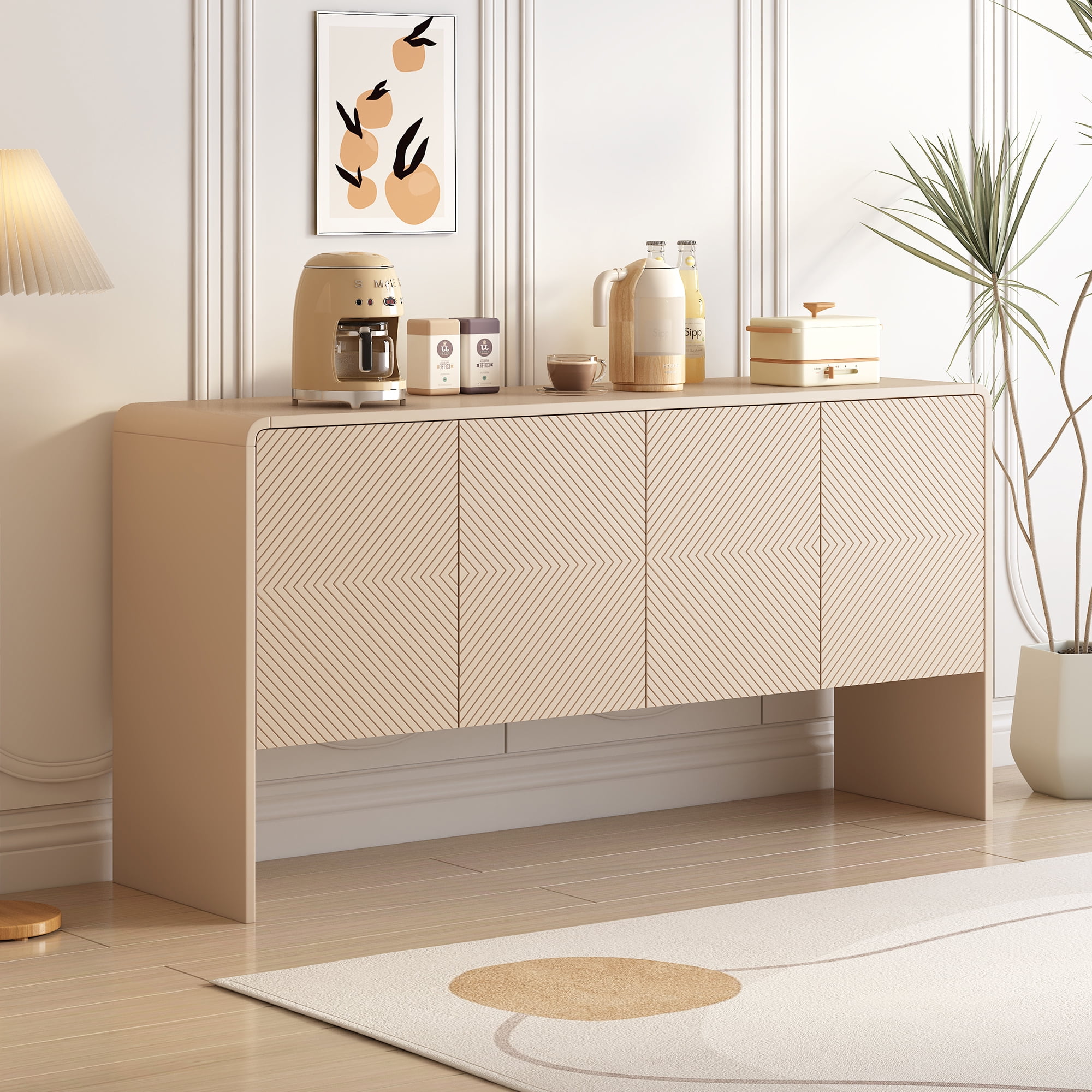 Kadyn 60"L Large Storage Space Sideboard, Sideboard Buffet Cabinet with 4 Doors, Floor Storage Cabinet for Living Room, Apricot Cream Kadyn 60"L Large Storage Space Sideboard, Sideboard Buffet Cabinet with 4 Doors, Floor Storage Cabinet for Living Room, Apricot Cream
