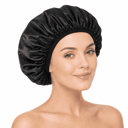 Keeygo Terry Lined Triple Layer Waterproof Shower Cap, Large Size, Black