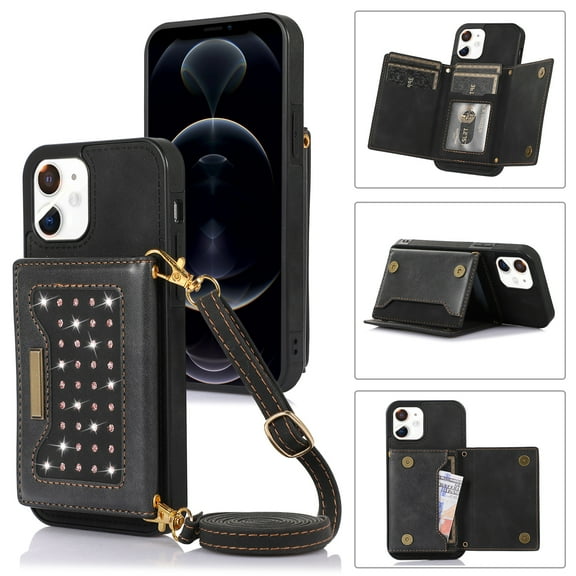 Nalacover Wallet Crossbody for iPhone 12 mini Phone Case with Lanyard Strap Credit Card Holder 5.4", PU Leather Protective Handbag Purse Kickstand Bling Diamond Cover Women Girl, Black