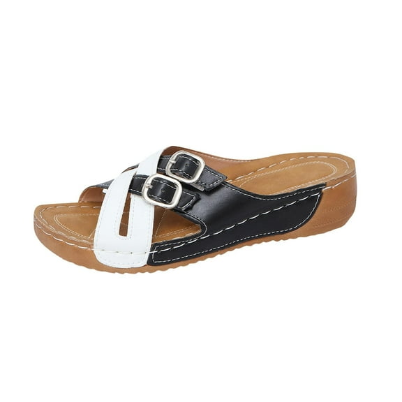 RUIYANQI Women's Wedge Heel Color - Block Slides,Strappy Sandals with Double Buckles,Comfortable Casual Footwear for Summer Daily Wear Black Women Sandal