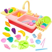 HTCM Kids Kitchen Sink Toys Set with Running Water Musical Play House Pretend Role Pretend Play Kitchens Musical Electric Dishwasher Playing Toy Gifts for Toddlers Kids