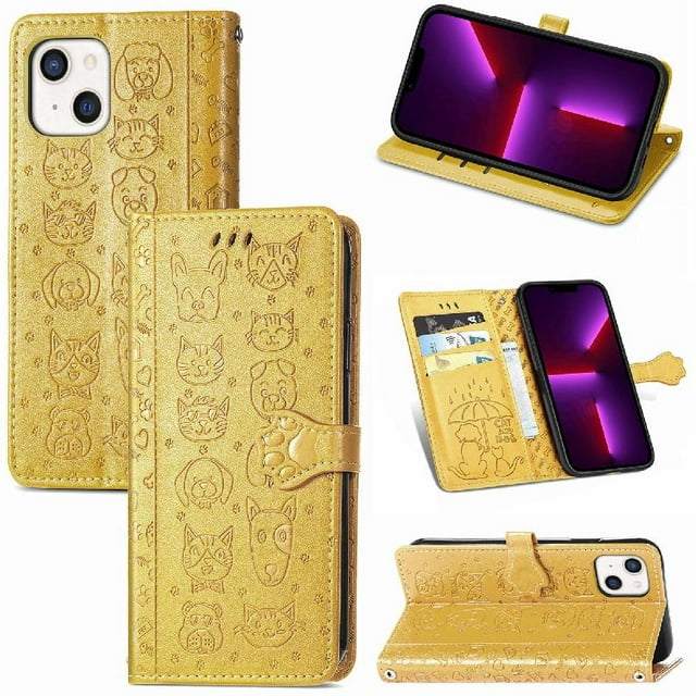 Funda Cartera FOXDOCK para iPhone 13 Mini , Flip PU con Relieve de Gatos y Perros, Tarjetero y Soporte