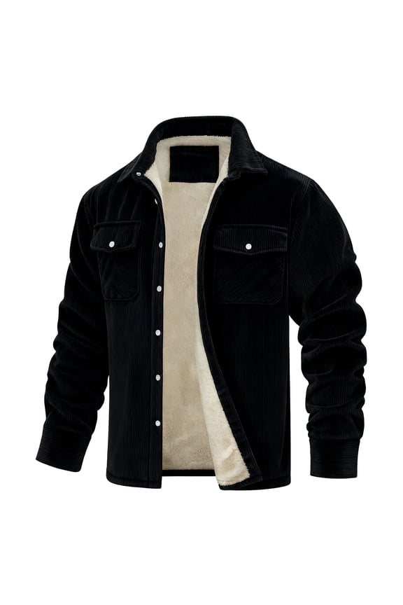 S-5X Big & Tall Corduroy-Jackets for Men Plus Size Thicken Fleece Lined Coats Long Sleeve Solid Color Button-Down Collared Winter Jacket with Pockets