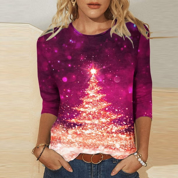 Puntoco moda mujer camiseta estampada de longitud media 3/4 mangas blusa cuello redondo casual tops Puntoco Puntoco-3265