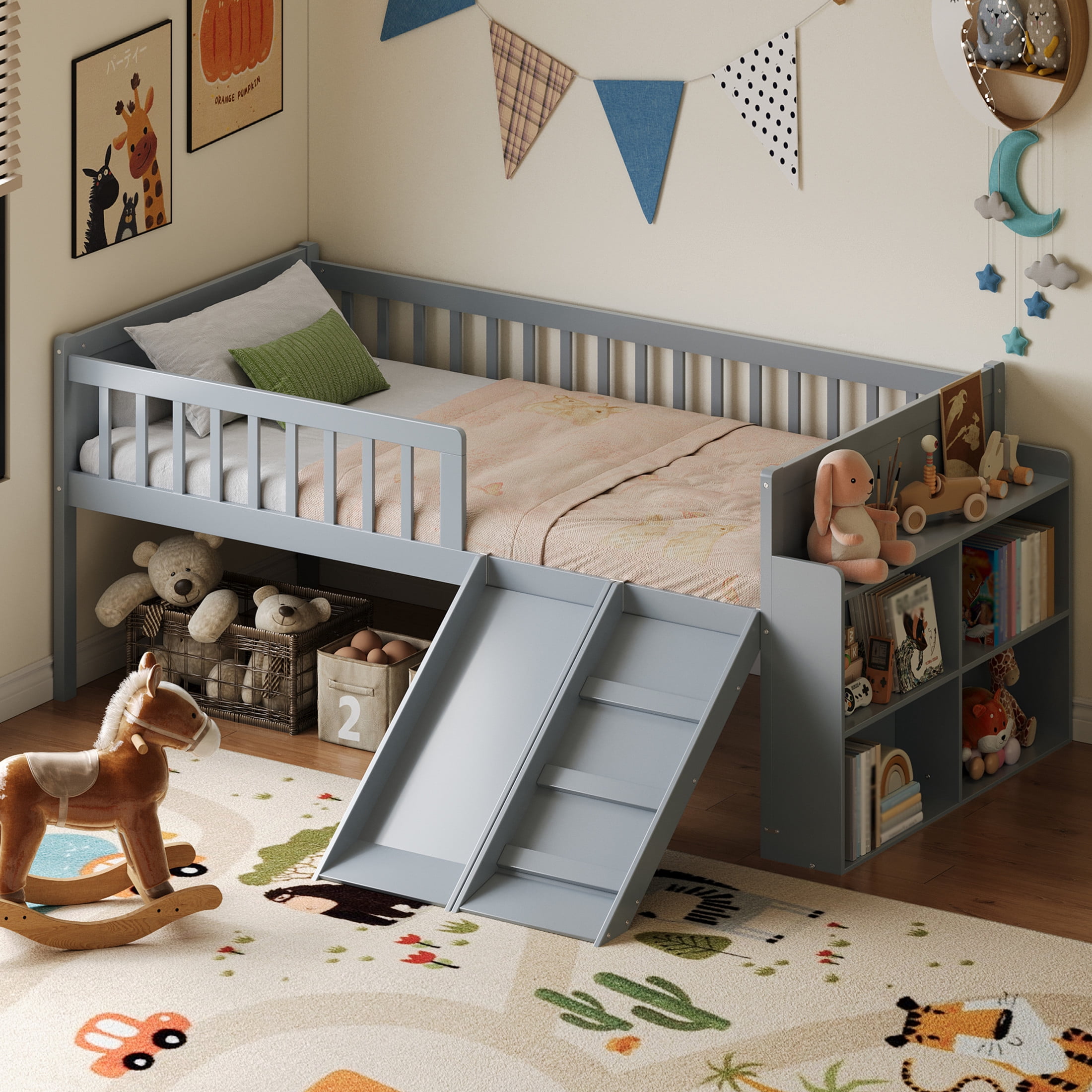 Noble House Twin Bed Frame with Storage Shelf, Platform Bed with Slide and Guardrail, Gray