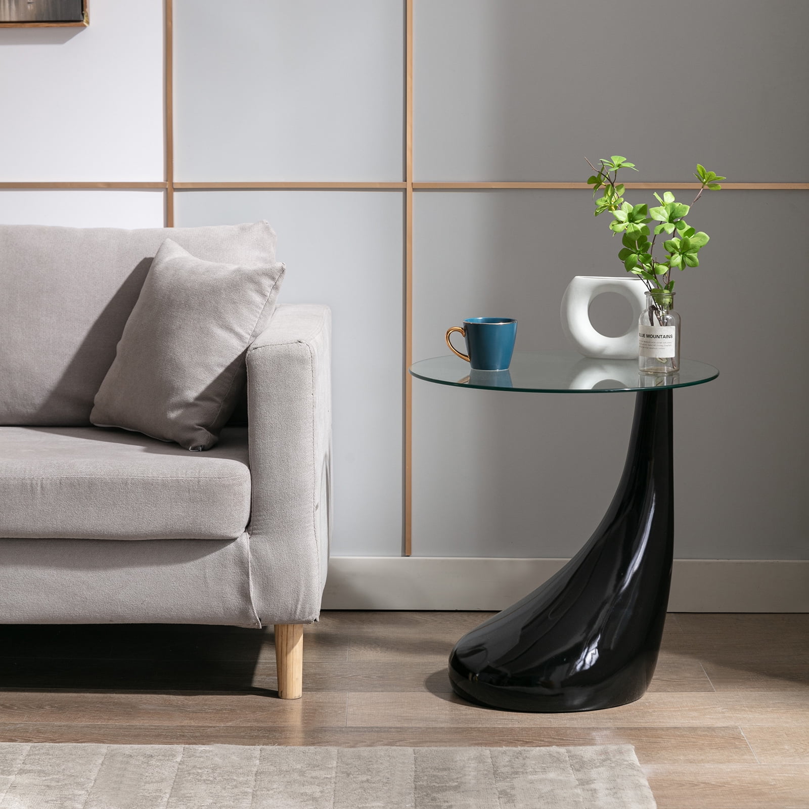 Modern 21" Round Clear Glass Black End Table Coffee Table Side Table