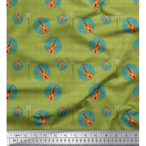 Soimoi Poly Georgette Fabric Notes & Guitar Musical Instrument Print Fabric by the Yard 42 Inch Wide