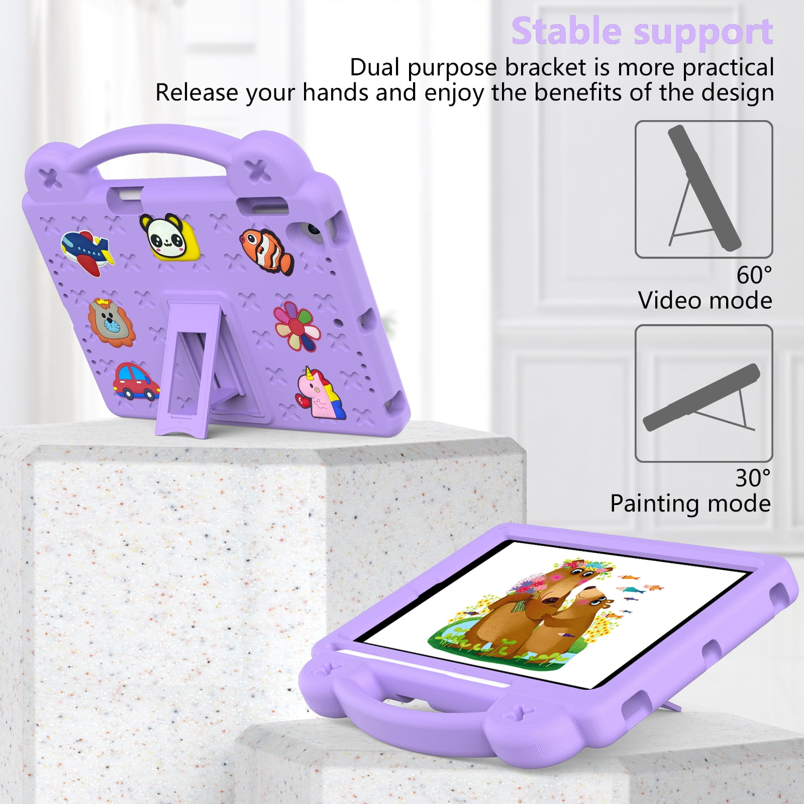 ELEHOLD Kids Case for iPad 6th/5th Gen/Pro (2018/2017/2016) 9.7 inch, EVA Foam Cute Cartoon Case with Built-in Kickstand Pencil Holder Shockproof Portable Case for iPad 9.7"/iPad Air/Air 2,Lightpurple