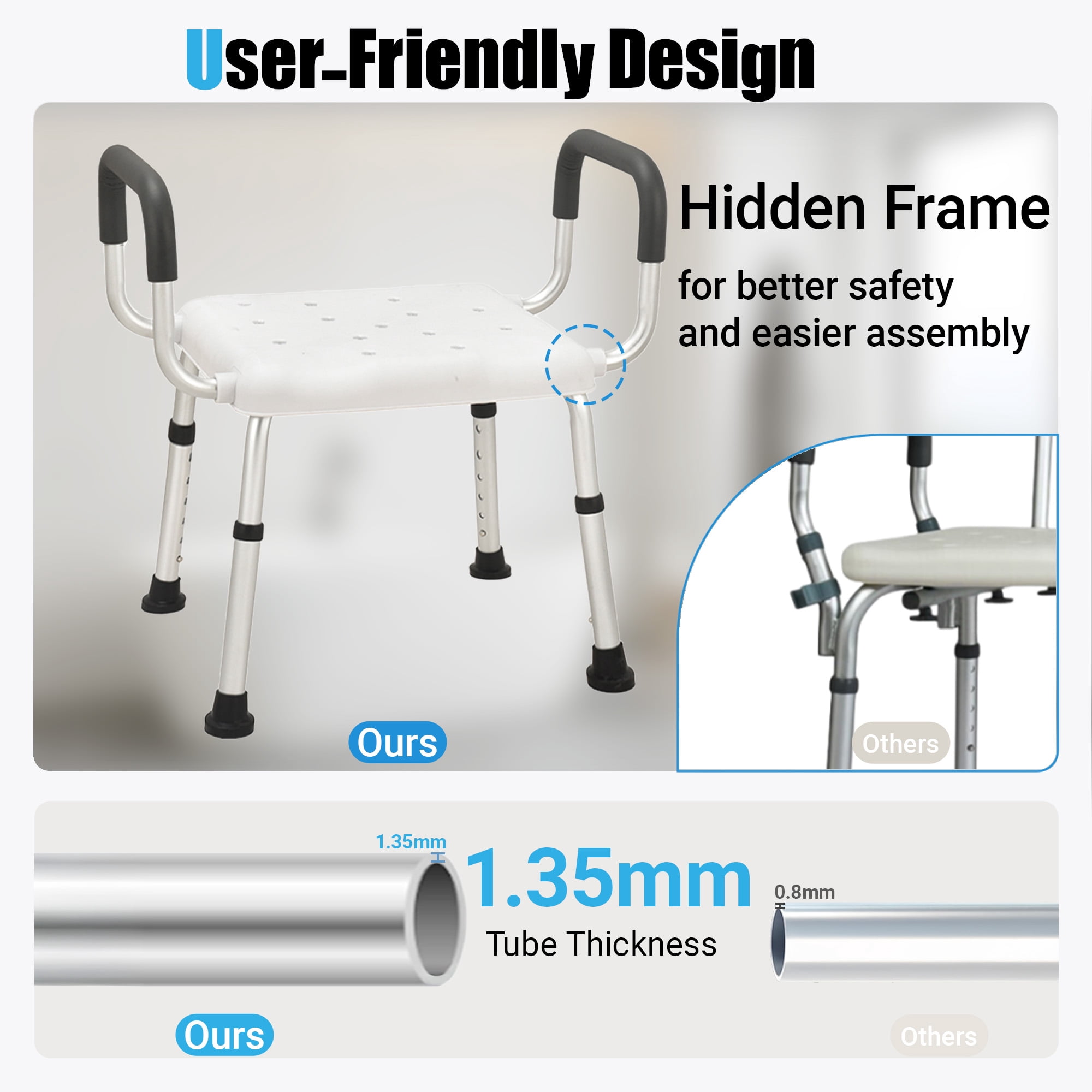 GARITIN Shower Chairs for Bathtub, Bath Stool with Back and Arms, Adjustable Shower Seat with Nonslip Feet, Shower Benchs for Inside Shower, Support up to 330Lbs
