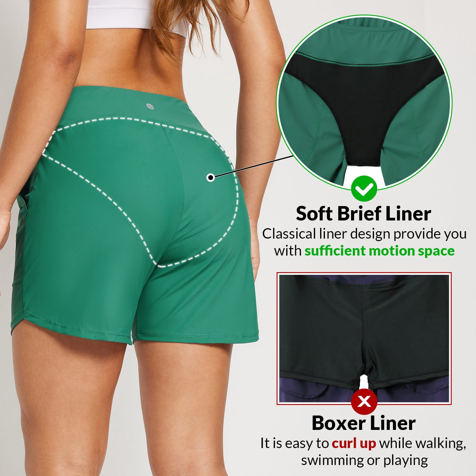 BALEAF Women's Swim Board Shorts 5 inch Swimming Bottoms High Waisted Tummy Control Swimsuits Beach Shorts with Liner Green L