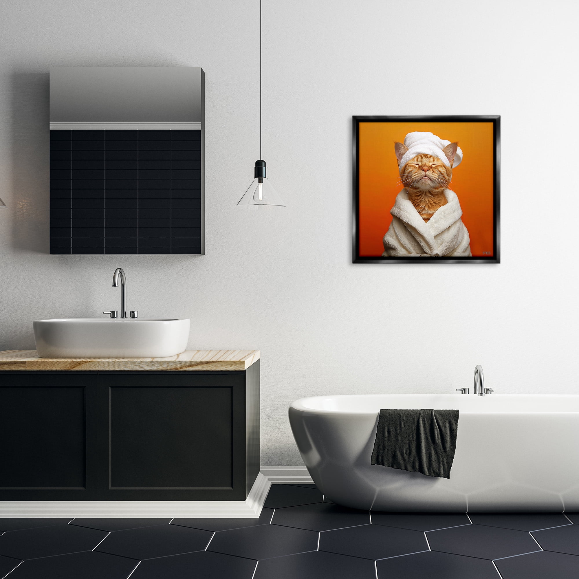 Stupell Industries Cat in Bathrobe Animals & Insects Painting Black Floater Framed Canvas Art Print Wall Art, 25 x 25